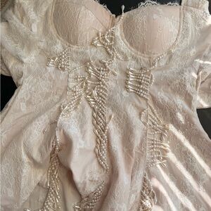 Fashion Nova Cream Lace Beaded Bustier Chemise